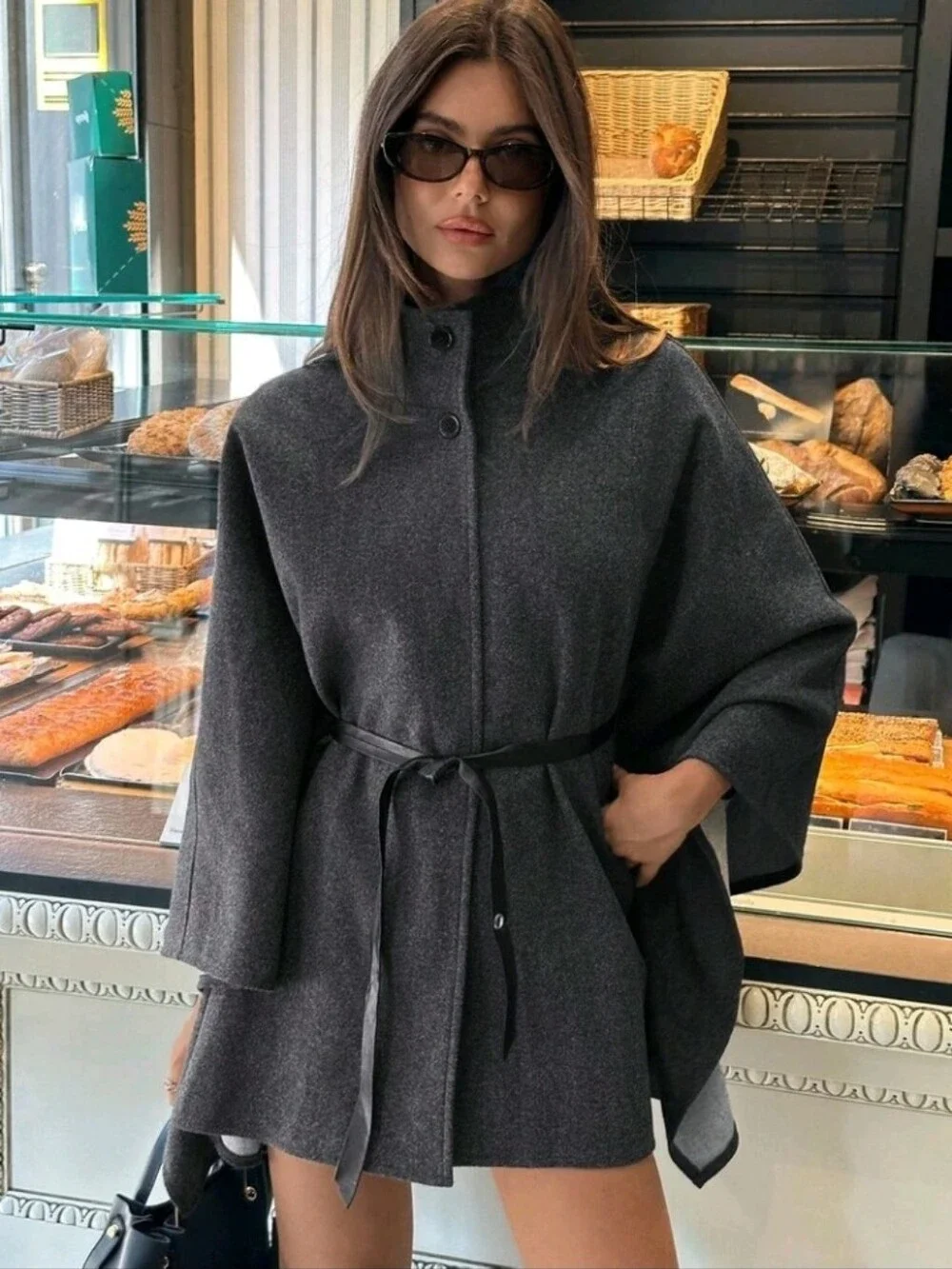 Women's Elegant High Collar Batwing Sleeve Cinched Waist Waist Wool Blend